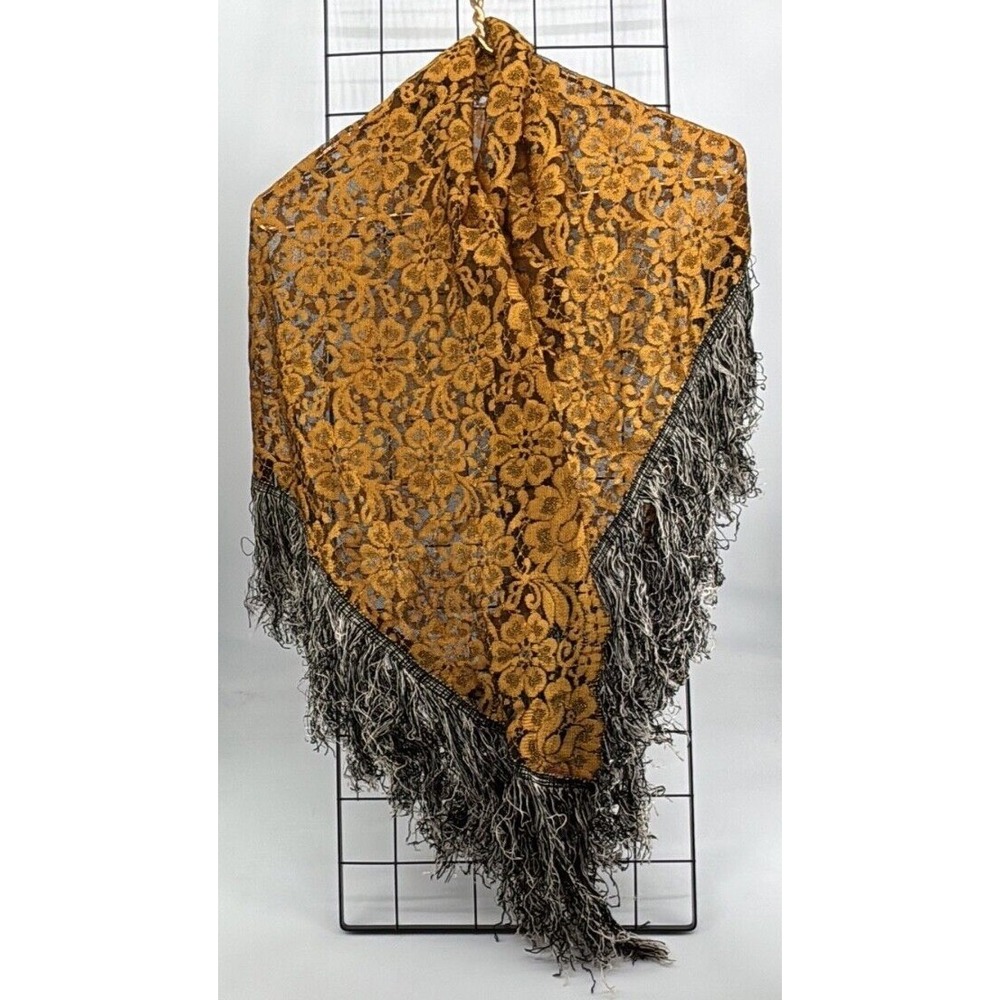 Vintage Style Gold‎ Floral Lace Triangular Shawl Black White Fringe Wrap 60x39